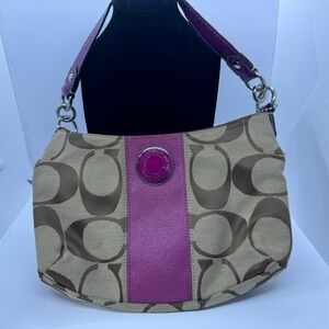 COACH Demi Purse Brown Magenta Sign. Canvas Leather F19218 W/ Crossbody Strap